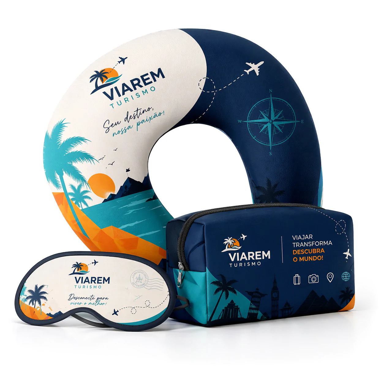 Kit Viagem Personalizado com Almofada de Pescoço + Máscara de Dormir + Necessaire para Brindes Personalizados para Empresas